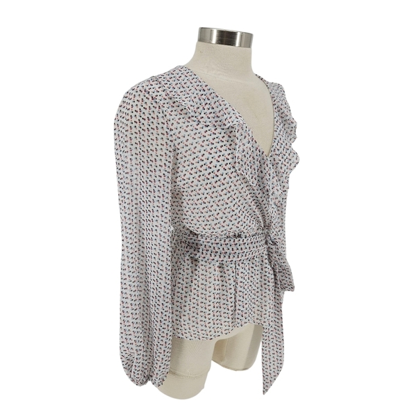 Max Studio Faux Wrap Blouse White Polka Dot Long Sleeve Ruffle VNeck Shirt Small - Picture 2 of 7
